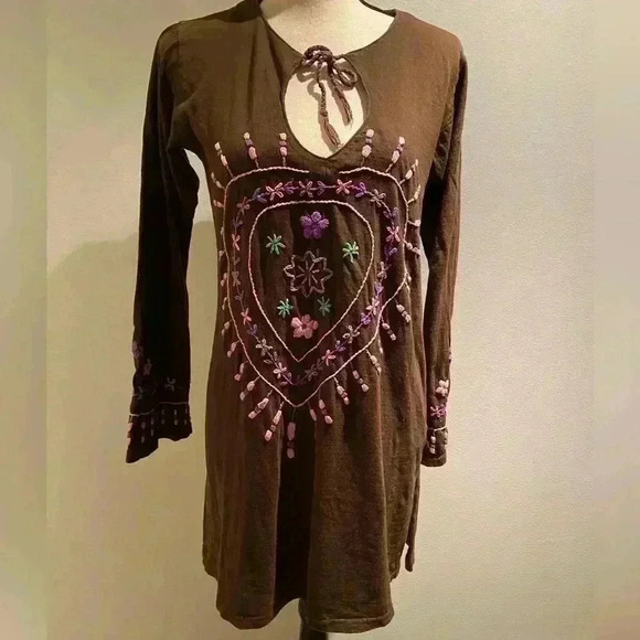 Women's Long Sleeve Embroidered Boho Natural Short Cotton Dress medium‎ - Picture 1 of 13